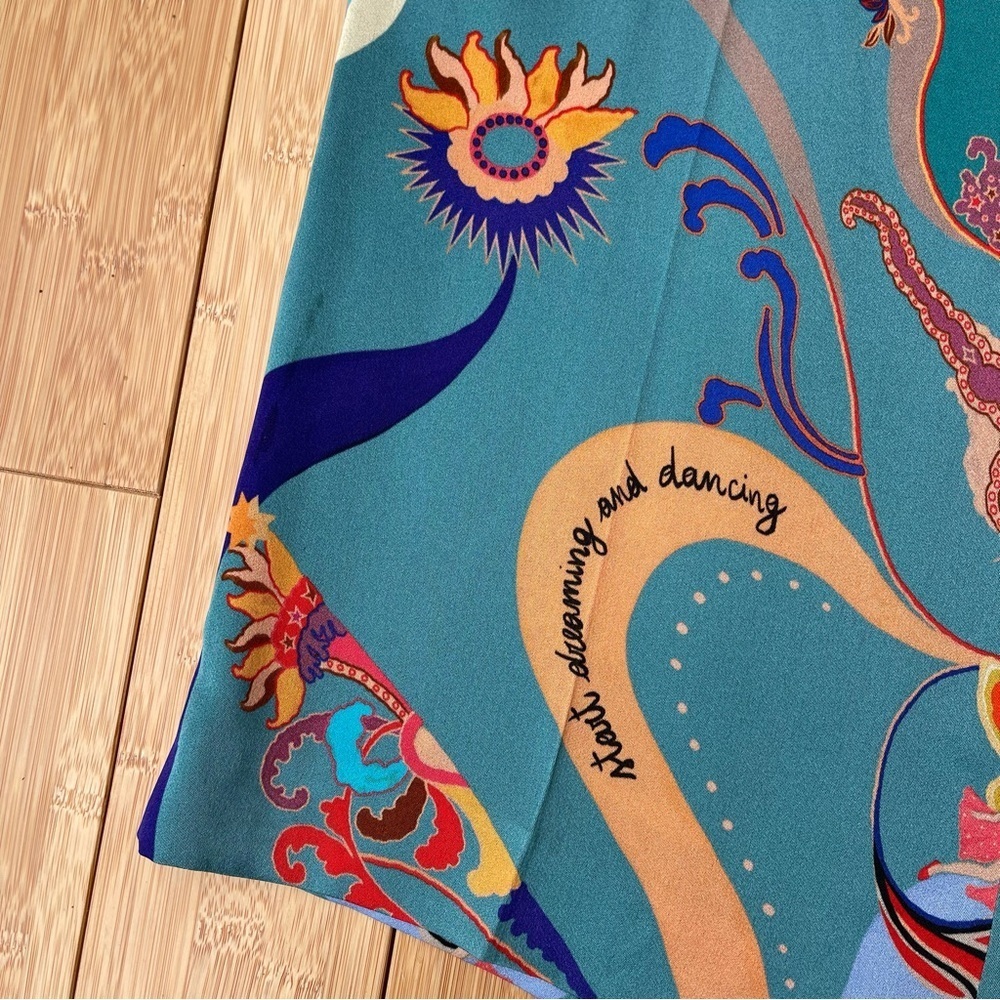 ETRO turquoise satin silk wide leg pants with colourful patterns size 38 XS - Picture 7 of 8